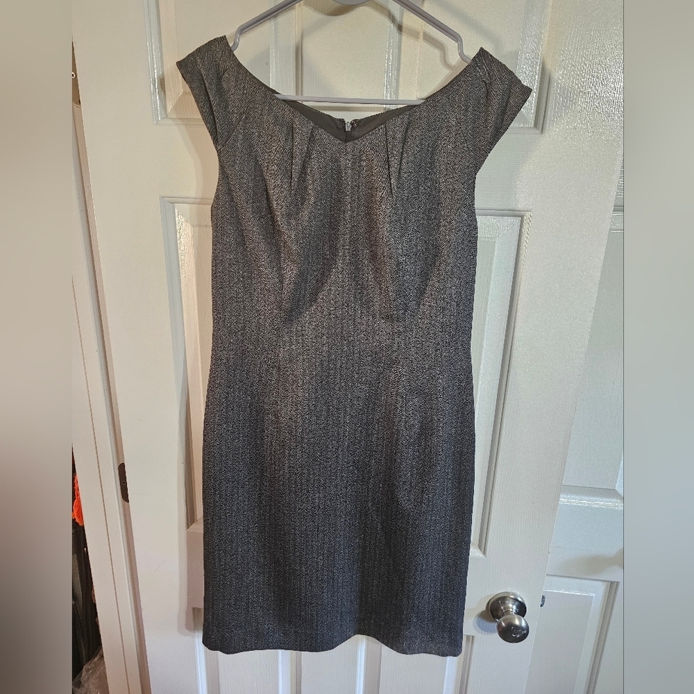 Mossimo Stretch Gray Herringbone Cap Sleeve Sheath Dress Size 8 Vintage Career - Picture 2 of 7
